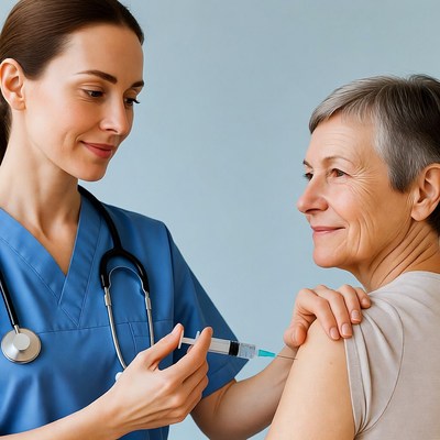 Nurse administering vaccine to elderly woman