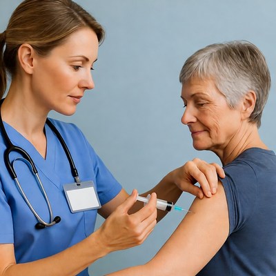 Nurse administering vaccine to elderly woman