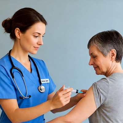 Nurse administering vaccine to elderly woman