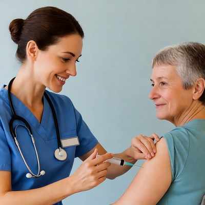 Nurse administering vaccine to elderly woman