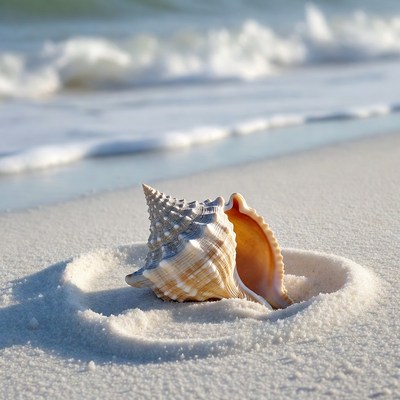 Seashell in sand by ocean waves