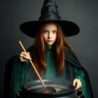 Girl witch stirring bubbling cauldron