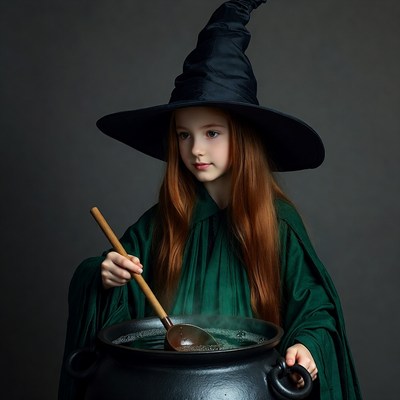 Girl stirring witch cauldron
