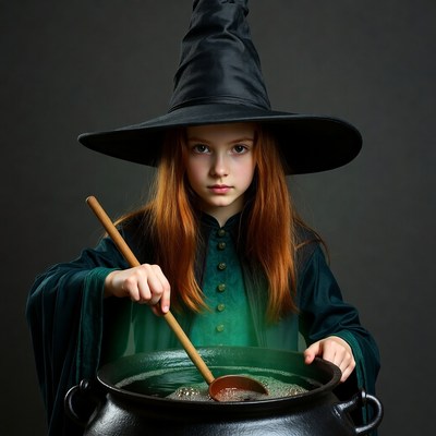 Girl stirring witch cauldron