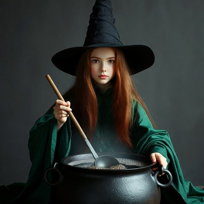 Redhead girl stirring witch cauldron