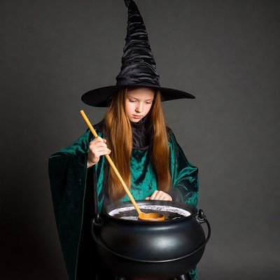 Girl stirring witch cauldron