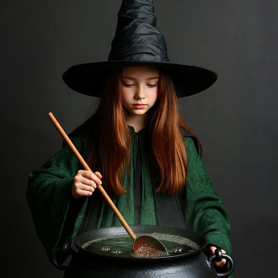 Girl stirring witch cauldron