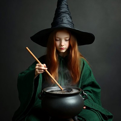 Redhead girl stirring witch cauldron