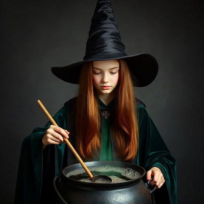 Girl stirring witch cauldron