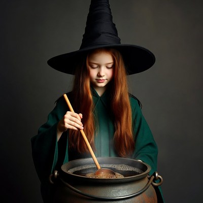 Girl stirring witch cauldron