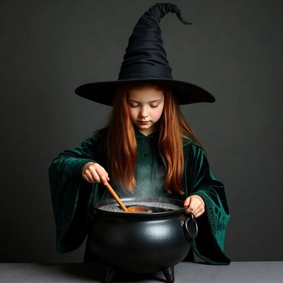 Girl stirring witch cauldron