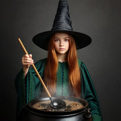 Girl stirring witch cauldron