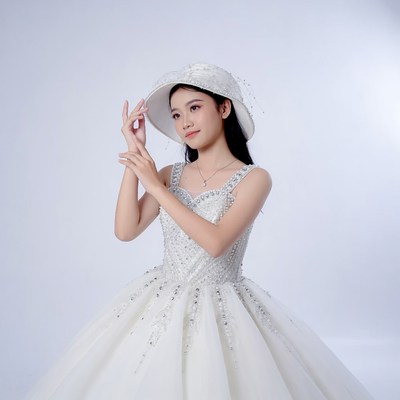 Asian woman in white sparkling gown
