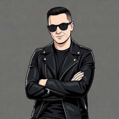 Man in leather jacket with arms crossed