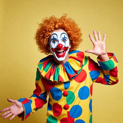 Clown waving with red curly hair
