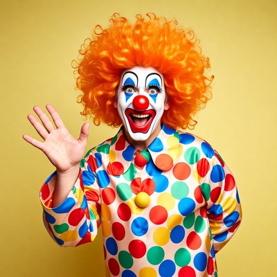 Clown waving on yellow background