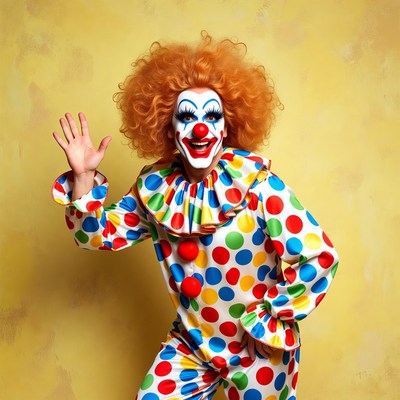 Clown waving with red curly hair