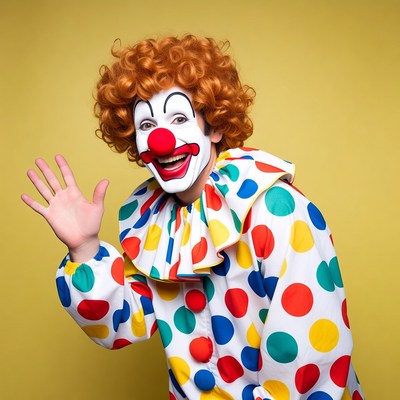 Clown waving on yellow background