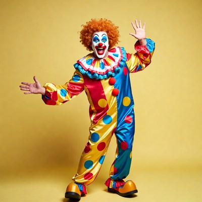 Clown waving on yellow background