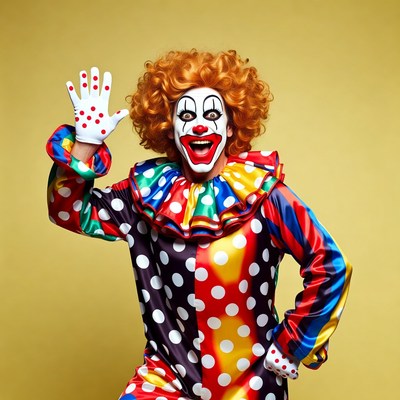 Clown waving on yellow background