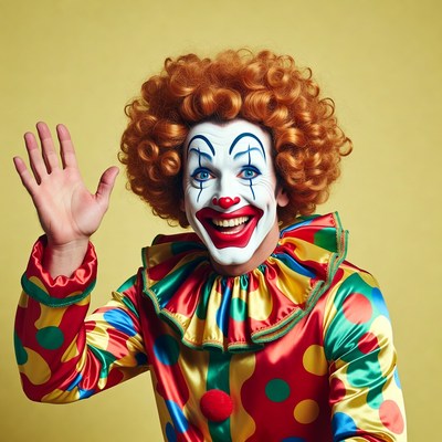 Clown waving with red curly hair