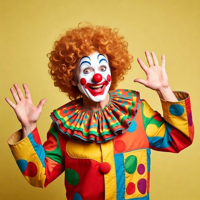 Clown with red curly wig waving hands