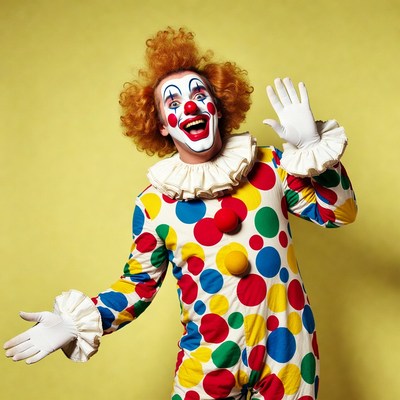 Clown waving with red curly hair