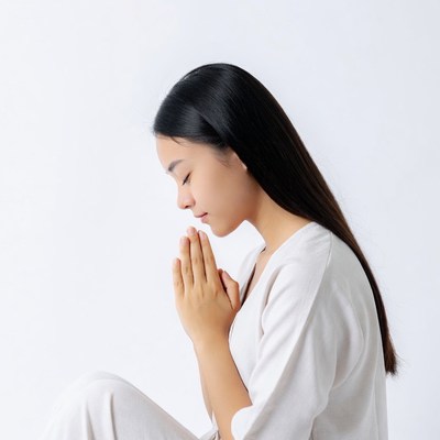 Asian woman praying with hands together