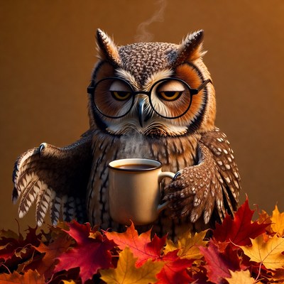 Owl holding coffee mug with fall leaves