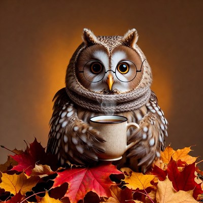 Owl wearing glasses holding teacup