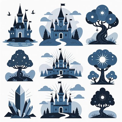 Fantasy Castles Trees Illustration Set
