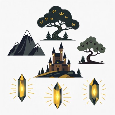 Fantasy Castle Mountains Trees Crystals Illustration