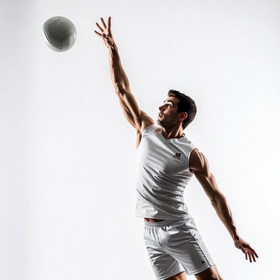 Man spiking volleyball in air