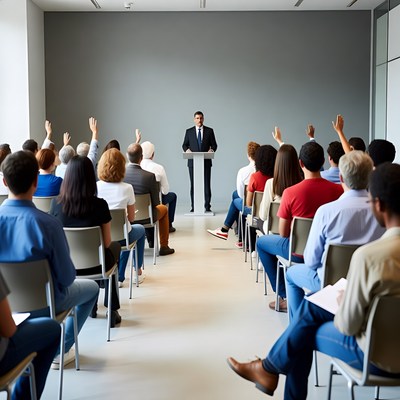 Man speaking at podium to audience