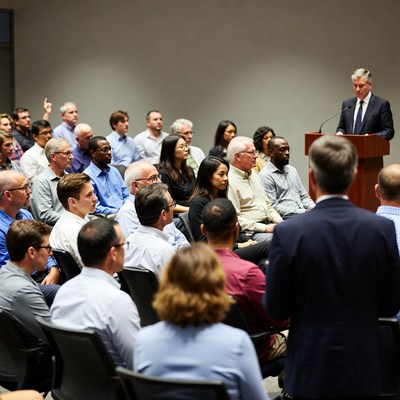 Man speaking at business conference podium
