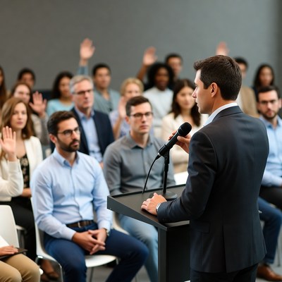 Man speaking at podium with audience