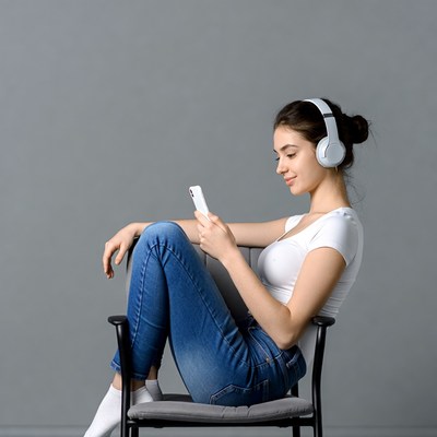 Young woman using phone with headphones
