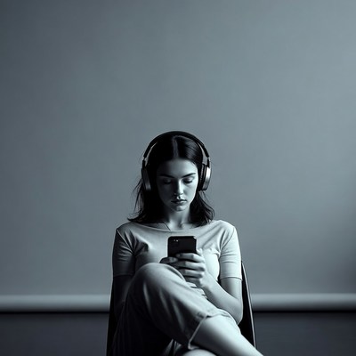 Woman listening to headphones using phone