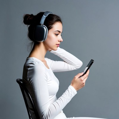 Woman wearing headphones using phone