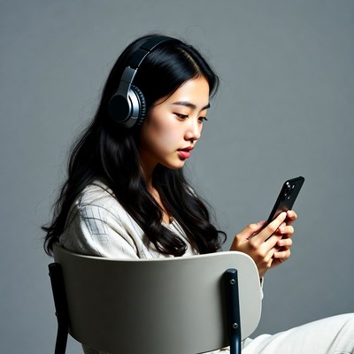 Asian woman wearing headphones using phone