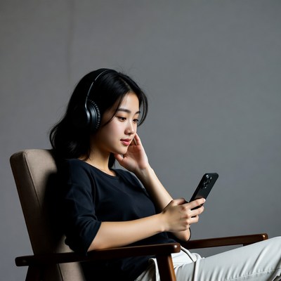 Asian woman wearing headphones using phone