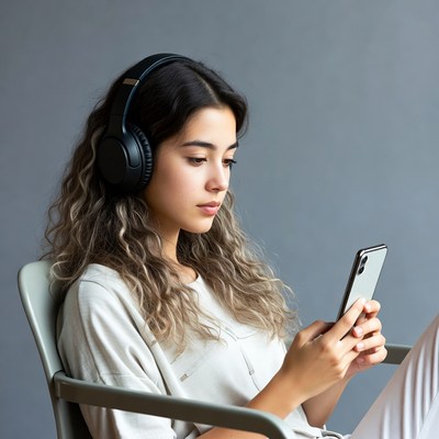 Young woman wearing headphones using smartphone