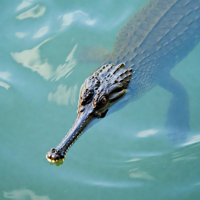 Gharial swimming in clear water