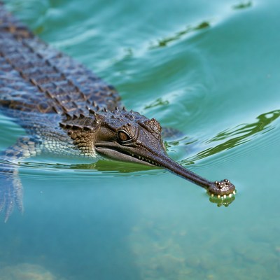 Gharial swimming in turquoise water