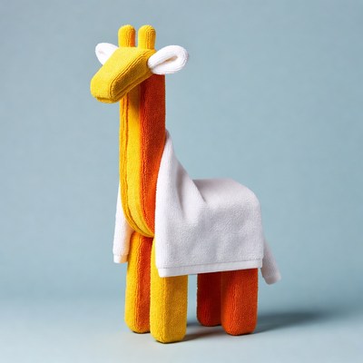 Giraffe toy wearing white towel