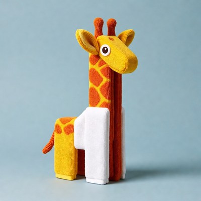 Yellow giraffe plush toy on blue background
