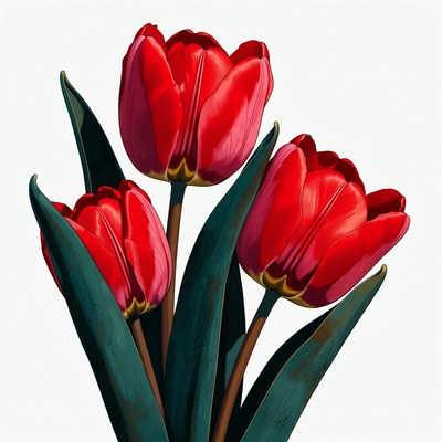 Three Red Tulips with Green Leaves