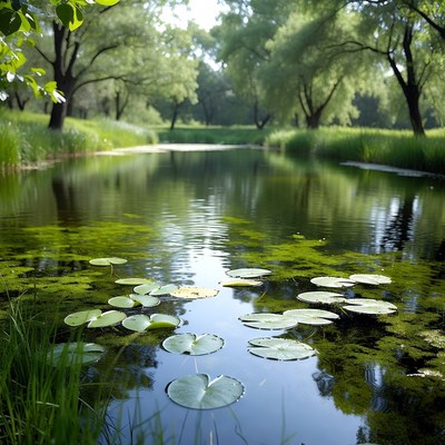 Lily pads on serene pond