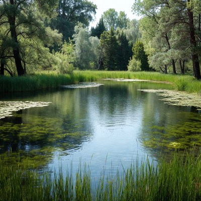 Serene Pond with Lily Pads and Trees