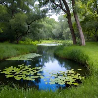 Lily pads in lush green forest stream